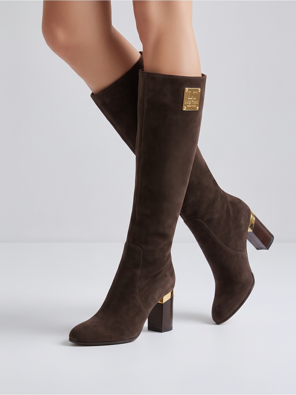 Luigi Traini Women’s Brown Suede Knee-High Block Heel Boots with Gold Accent